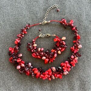 Red beaded necklace and bracelet set coral chips cultured pearls quartz chips